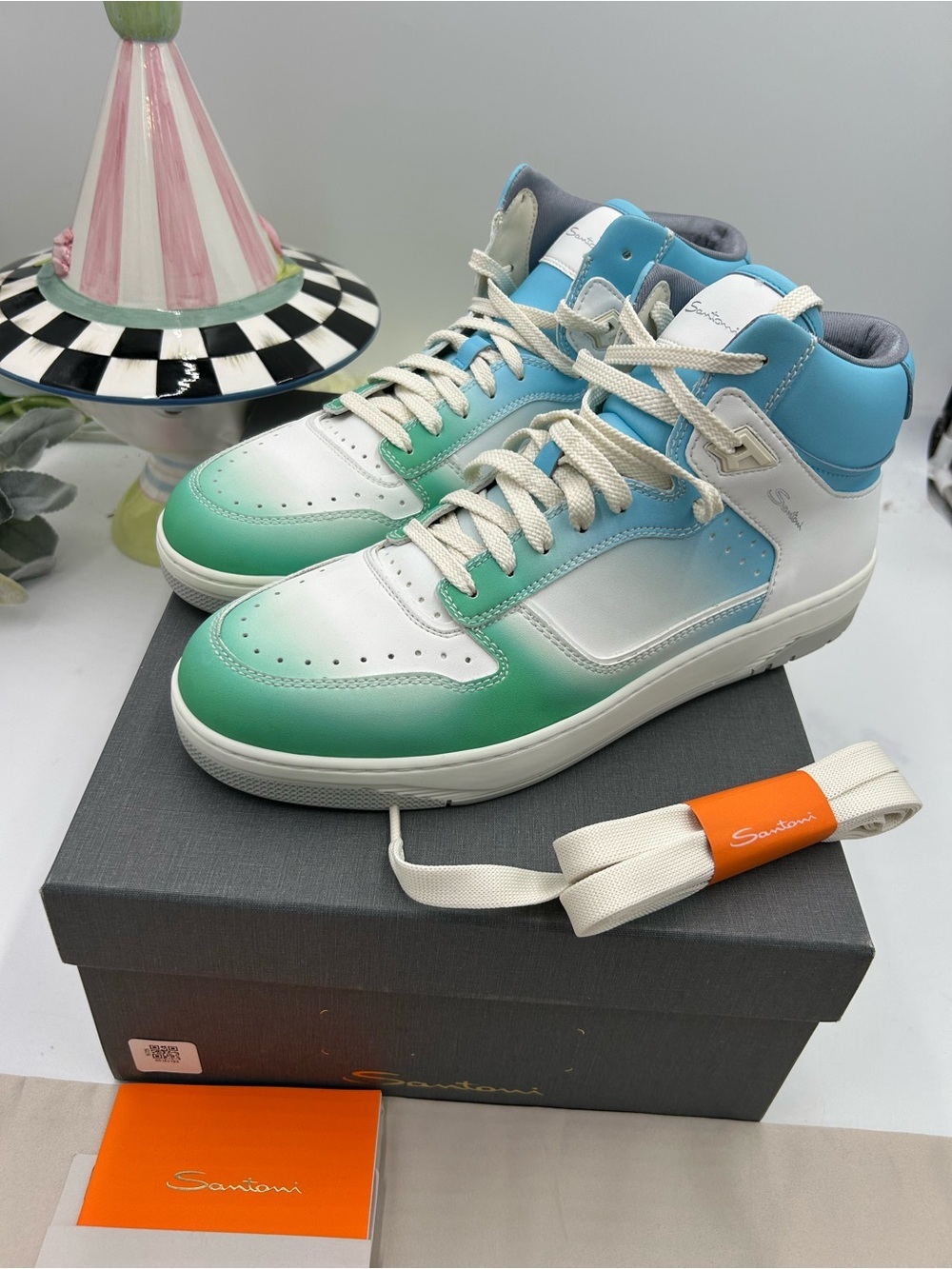 Men's Santoni Men's High-Top Sneakers in Green, Blue & White size 11 made Italy